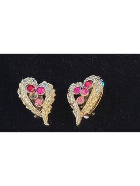 Vintage Coro Gold Tone Heart Pink & Red Rhinestone Earrings FREE SHIPPING!!!